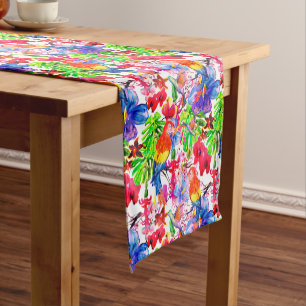 Elegant Colourful Flowers And Parrot Bird Short Table Runner