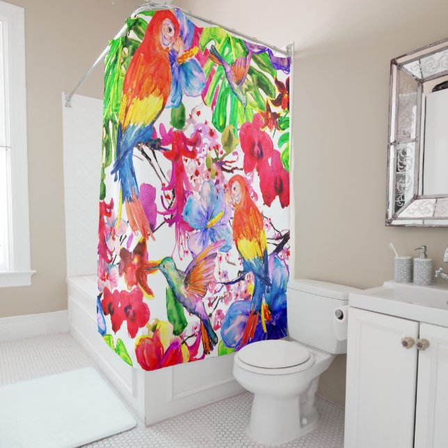 Elegant Colourful Flowers And Parrot Bird Shower Curtain (In Situ)