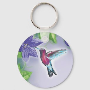 elegant colourful hummingbird and purple flowers key ring