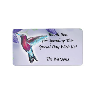 elegant colourful hummingbird and purple flowers label