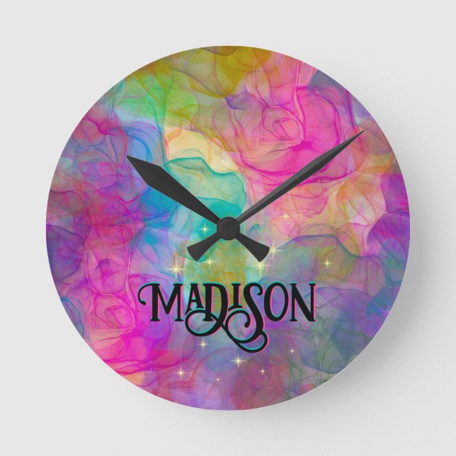 Elegant colourful marble art monogram round clock (Front)