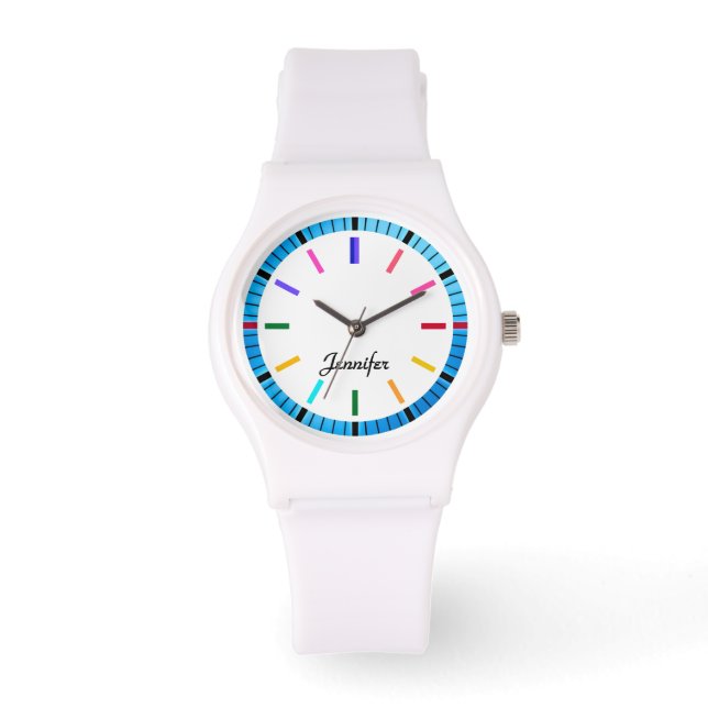 Elegant colourful modern minimalist name on face watch (Front)