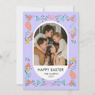 Elegant Colourful Oval Floral Easter Family Photo Holiday Card