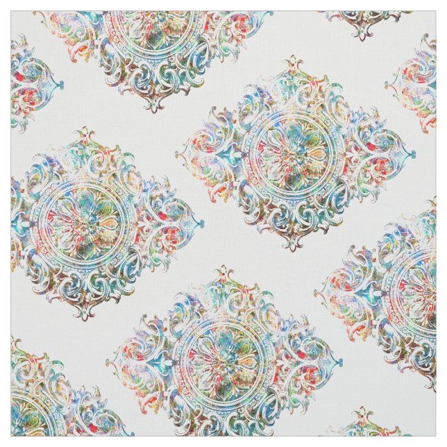 Elegant Colourful Over White Floral Ornament Fabric (Swatch)
