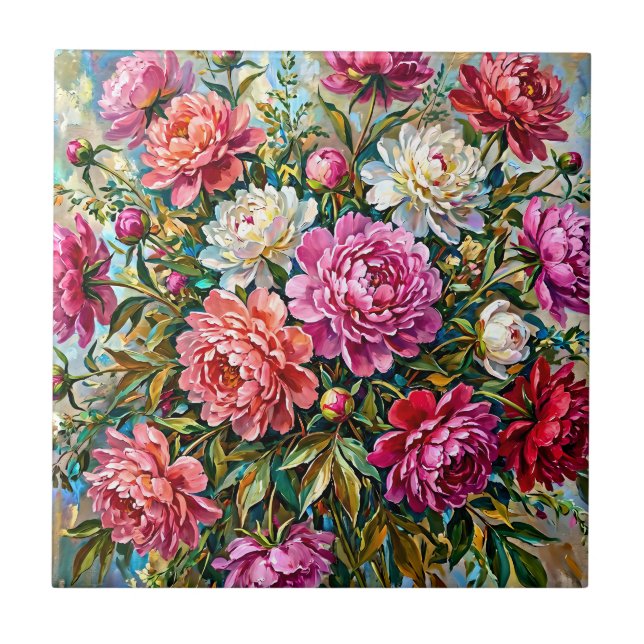 Elegant Colourful Painted Peony Flowers Ceramic Tile (Front)