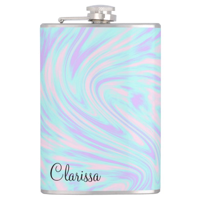 elegant colourful pink blue purple white marble hip flask (Front)