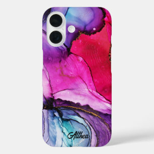 Elegant Colourful, Pink, Purple Marbled Custom Nam iPhone 16 Case