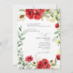 Elegant Colourful Red Foliage Poppies Wedding  Invitation