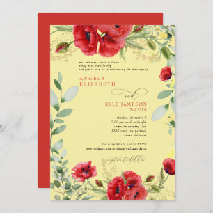 Elegant Colourful Red Poppies Yellow Wedding Invitation