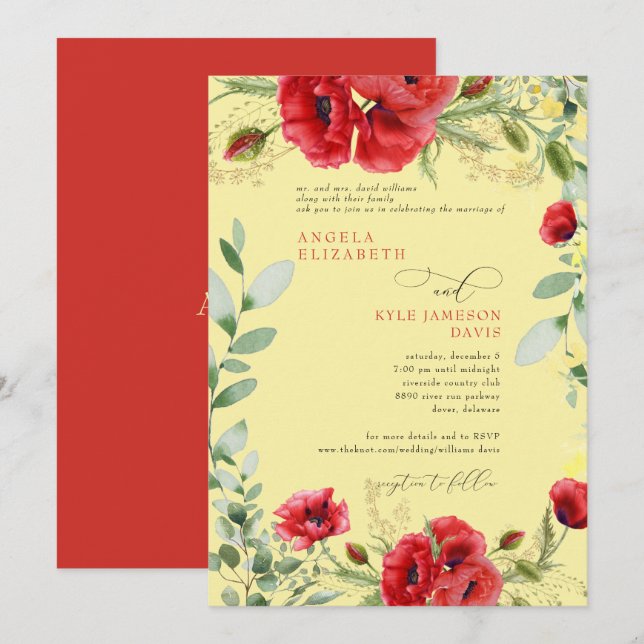 Elegant Colourful Red Poppies Yellow Wedding Invitation (Front/Back)