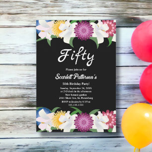 Elegant Colourful Roses Black Floral 50th Birthday Invitation