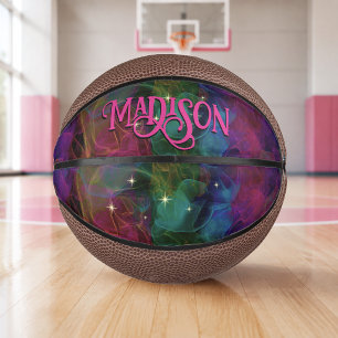 Elegant colourful sparkles smoke monogram mini basketball