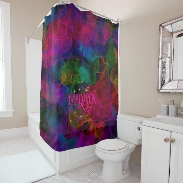 Elegant colourful sparkles smoke monogram shower curtain (In Situ)