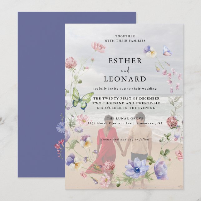 Elegant Colourful Spring Wildflower Wedding Photo Invitation (Front/Back)