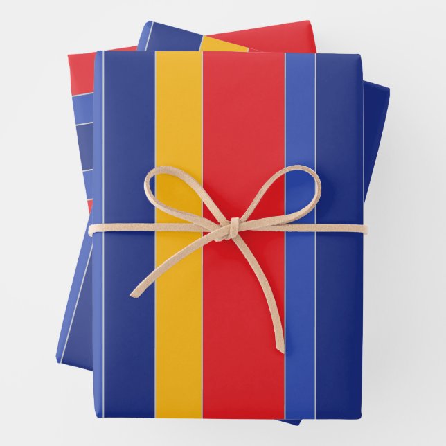 Elegant Colourful Stripes, Red Blue Yellow & Silve Wrapping Paper Sheet (In situ)