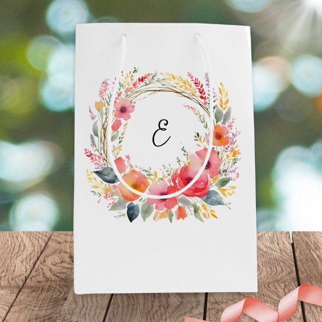 Elegant Colourful Summer Flowers Pretty Monogram Medium Gift Bag (A monogrammed gift bag with rustic floral wreath design in a watercolor style)