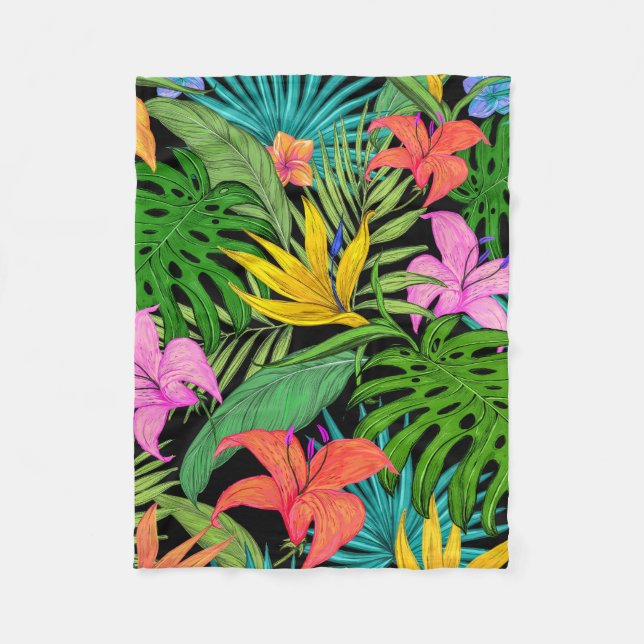 Elegant Colourful Summer Tropical Floral Leaves |  Fleece Blanket (Front)