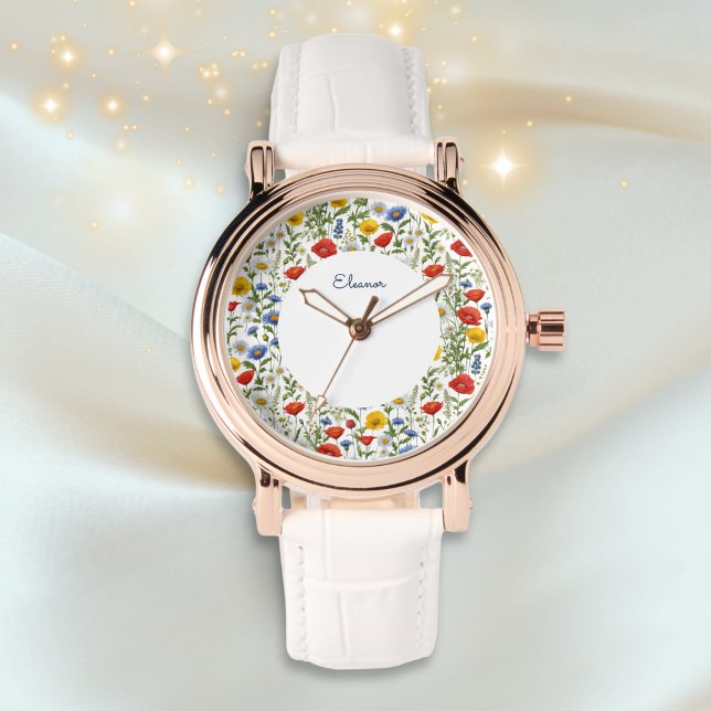 Elegant Colourful Summer Wildflowers Floral Round Watch (A beautiful wristwatch patterned with a colorful wildflowers design, personalized with a name)