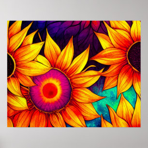 Elegant Colourful Sunflower Flower Power Artwork Poster