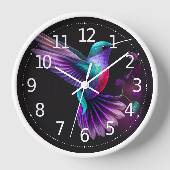 Elegant Colourful Teal Purple Hummingbird Artwork  Clock (Front)