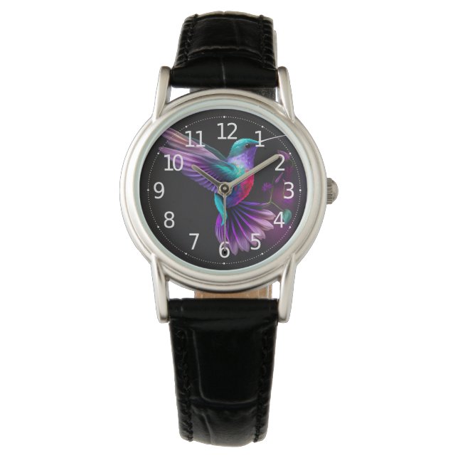 Elegant Colourful Teal Purple Hummingbird Artwork  Watch (Front)