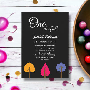 Elegant Colourful Trees Black Fall 1st Birthday Invitation