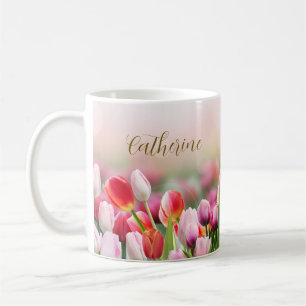 Elegant Colourful Tulip Florals Custom Name  Coffee Mug