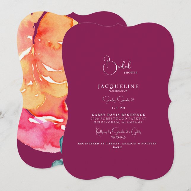Elegant Colourful Watercolor Bridal Shower  Invitation (Front/Back)