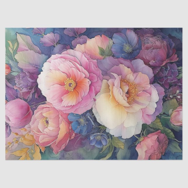 Elegant Colourful Watercolor Floral Decoupage Tissue Paper (Front)
