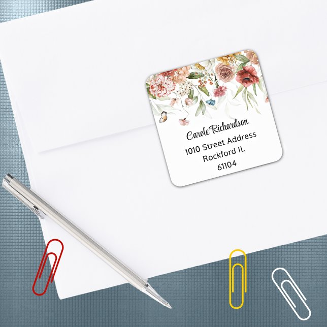 Elegant Colourful Watercolor Floral Drop Address Square Sticker (Creator Uploaded)