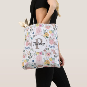 Elegant Colourful Watercolor Floral Leaf Monogram Tote Bag