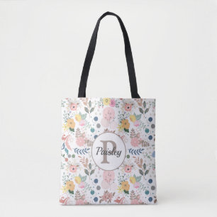 Elegant Colourful Watercolor Floral Leaf Monogram Tote Bag