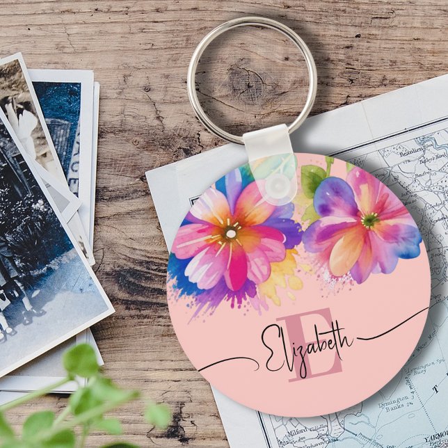 Elegant colourful watercolor floral pink monogram key ring (Creator Uploaded)