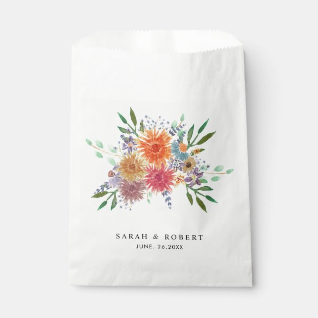 Elegant Colourful Watercolor Floral Rustic Wedding Favour Bag (Front)
