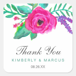 Elegant Colourful Watercolor Floral Thank You Square Sticker