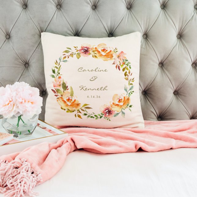 Elegant Colourful Watercolor Floral Wedding Names Cushion (Creator Uploaded)