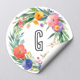 Elegant Colourful Watercolor Floral Wreath Monogra Classic Round Sticker