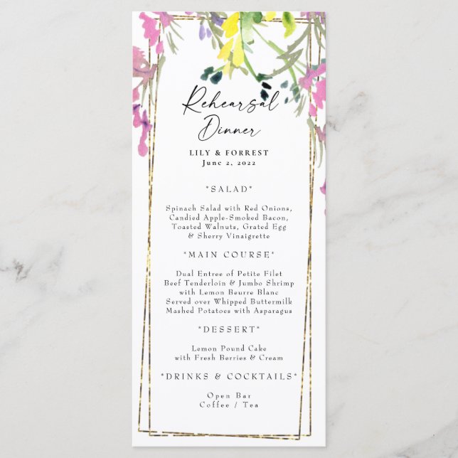 Elegant Colourful Wildflower Rehearsal Dinner Menu (Front)
