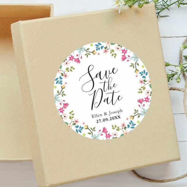 Elegant Colourful Wildflower Wedding Save The Date Classic Round Sticker (Creator Uploaded)