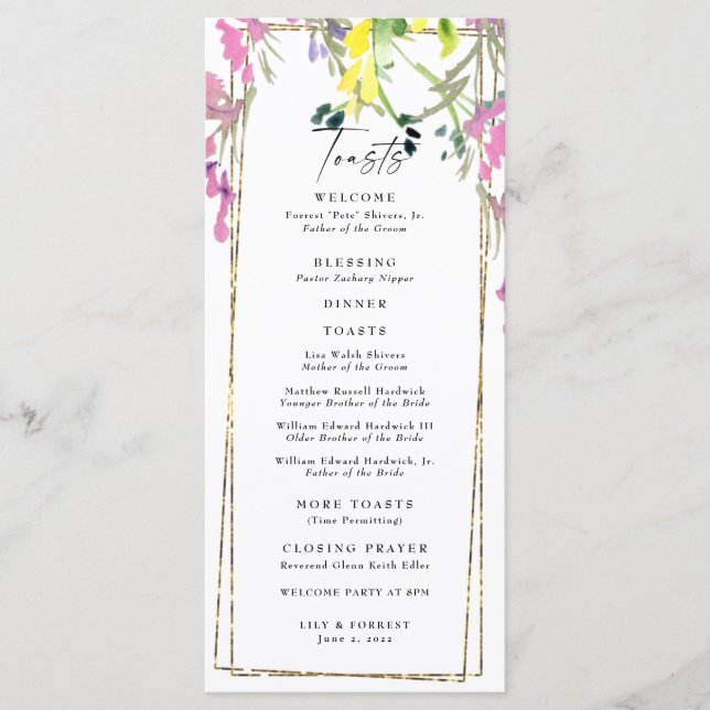 Elegant Colourful Wildflower Wedding Toasts Progra Menu (Front)