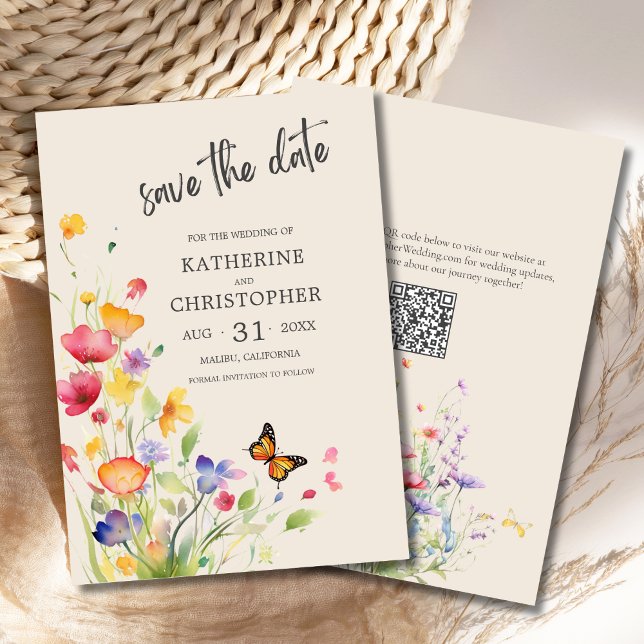 Elegant Colourful Wildflowers Beige Wedding Save The Date (Colorful Wildflowers in jewel tones and butterflies adorn this beautiful Wedding Save the Date card.)
