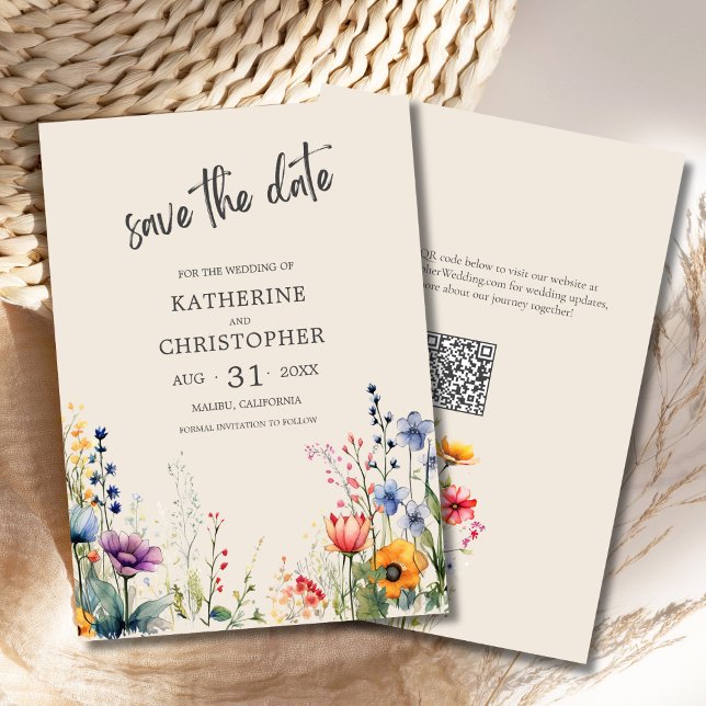 Elegant Colourful Wildflowers Beige Wedding Save The Date (Colorful Wildflowers Elegant Beige Wedding Save the Date with purple, orange, red flowers, qr code.
)