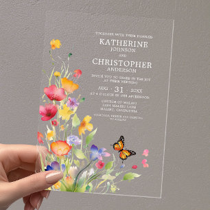 Elegant Colourful Wildflowers Butterfly Wedding Acrylic Invitations