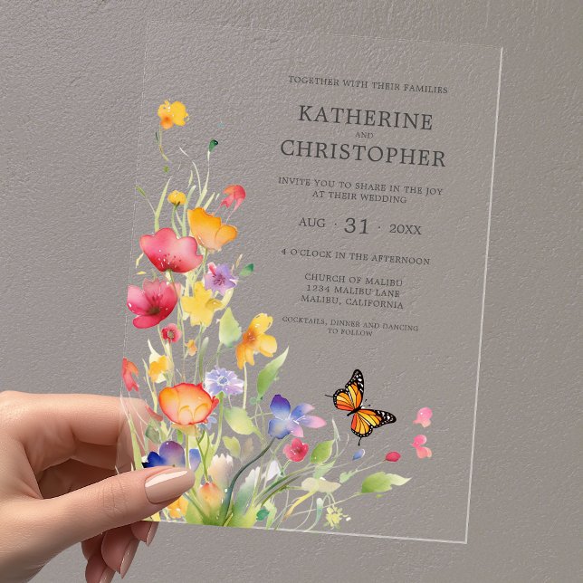 Elegant Colourful Wildflowers Butterfly Wedding Acrylic Invitations (Elegant Colorful Wildflowers Butterfly Wedding Acrylic Invitation with Pink, Orange, Yellow Flowers.)