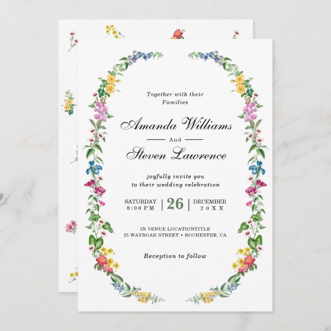 Elegant colourful wildflowers garden wedding invitation (Front/Back)
