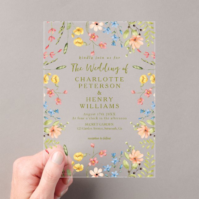 Elegant Colourful Wildflowers Modern Wedding Acrylic Invitations (Insitu (Handheld))