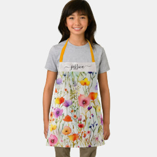 Elegant colourful wildflowers script name girl apron