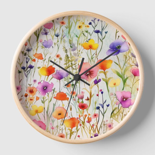 Elegant colourful wildflowers watercolor clock (Front)