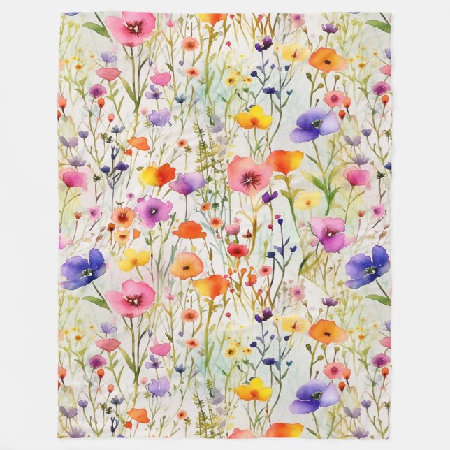 Elegant colourful wildflowers watercolor fleece blanket (Front)