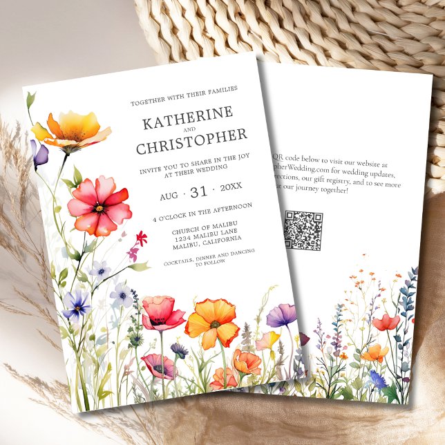 Elegant Colourful Wildflowers Wedding Invitation (Elegant Colorful Wildflowers Wedding Invitation with QR Code, Pink, Orange, Purple Flowers.
)